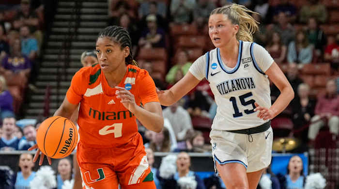 Miami Hurricanes guard Jasmyne Roberts brings back a steal chase by Villanova Wildcats guard Brooke Mullin during the Sweet 16 of the NCAA women’s tournament.